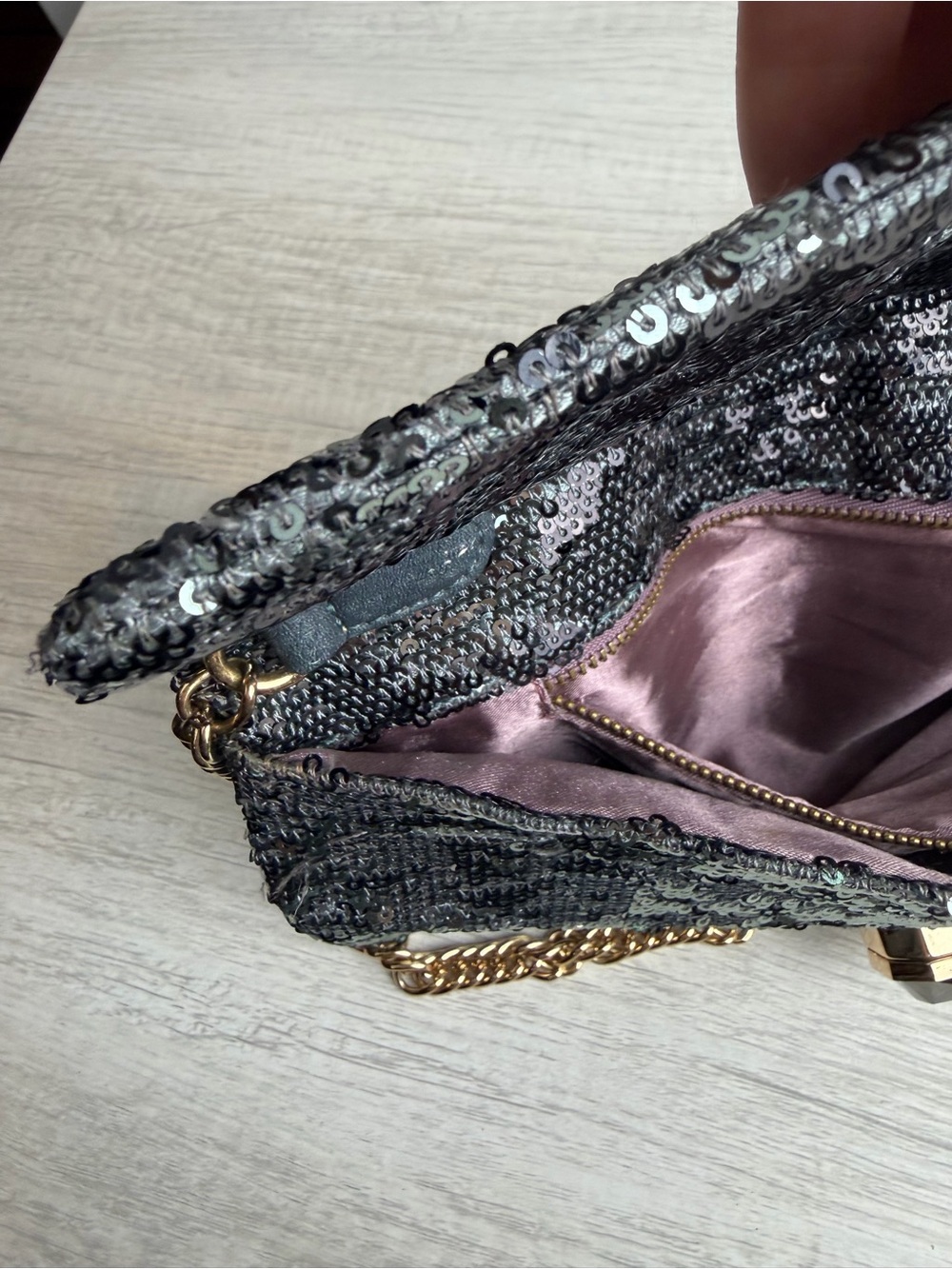 Deux Lux Sequin Shoulder Bag Black Silver Clutch Purse - Picture 13 of 15